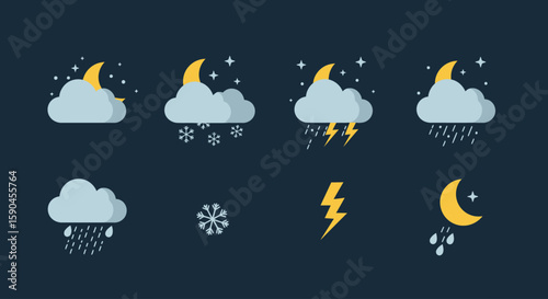 Weather icons depicting various conditions: cloudy with moon, snow, lightning, rain, and a separate lightning bolt and snowflake.