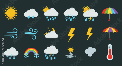 Flat design icons representing various weather conditions, including sun, clouds, rain, wind, lightning, and an umbrella.