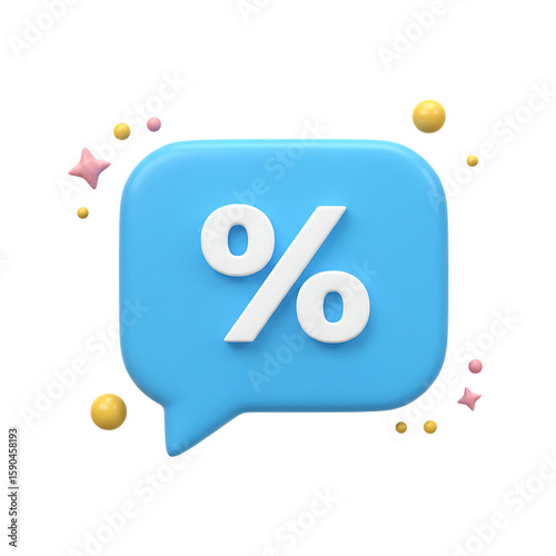 Cute 3d blue speech bubble with white percentage symbol and festive colorful spheres isolated on transparent background