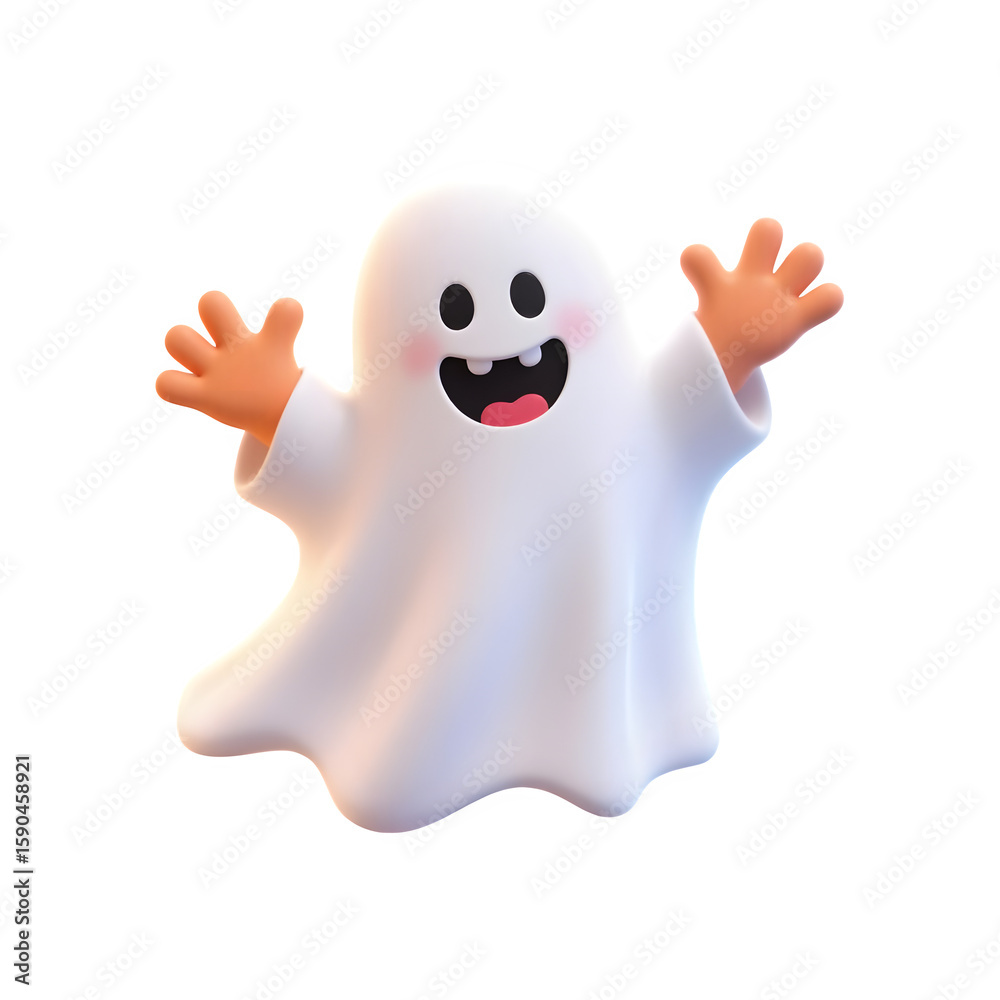 Cute 3d cartoon ghost character waving with a happy expression isolated on transparent background Cute 3d cartoon ghost character waving with a happy expression isolated on transparent background
