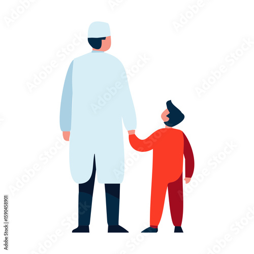 A doctor in a white coat holds hands with a child in red, showcasing healthcare, trust, and the important doctor-patient relationship.