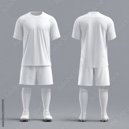 A clean, front and back view of a plain white soccer uniform; shirt, shorts, and socks, on a neutral gray background
