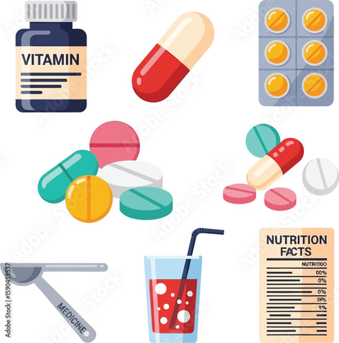 Assorted pills, capsules, vitamin bottle, measuring spoon, and nutrition facts label illustrate various forms of medication and supplements.