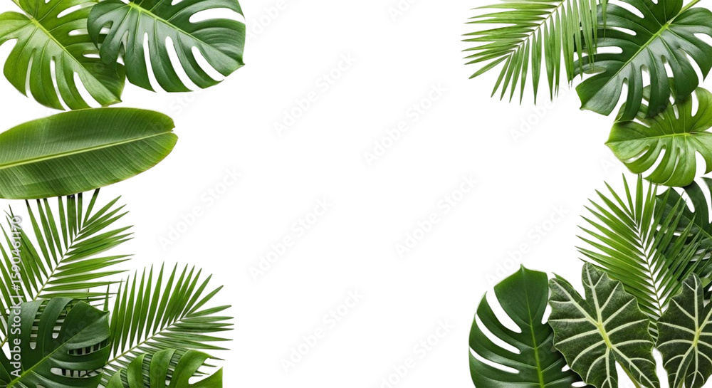 Fototapeta premium Lush tropical leaves frame a white background, creating a vibrant, natural border.