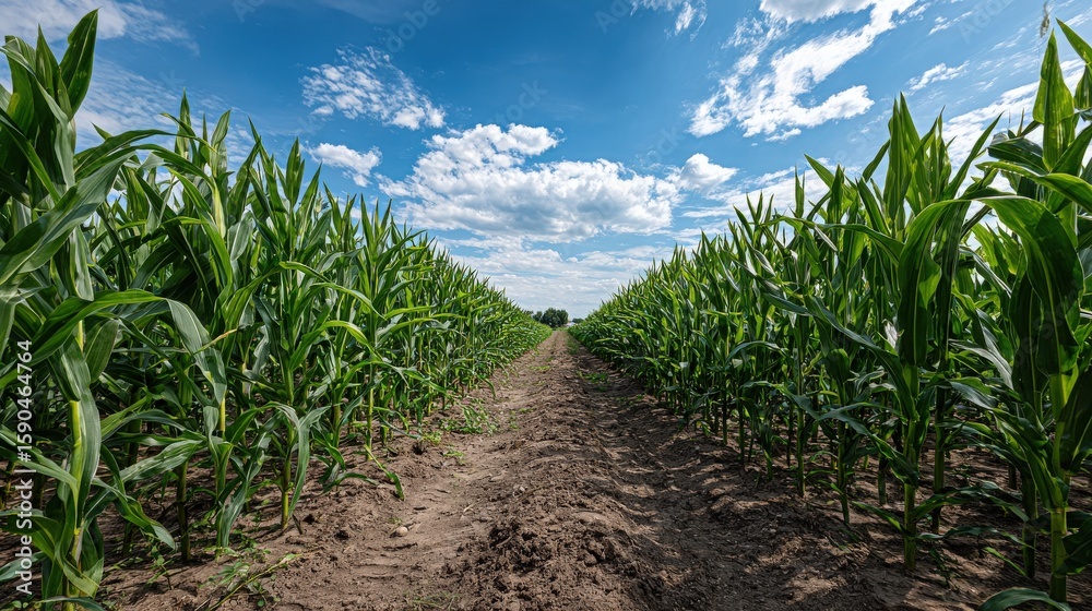 Naklejka premium Cornfield Rows with Dirt Path and Cloudy Blue Sky
