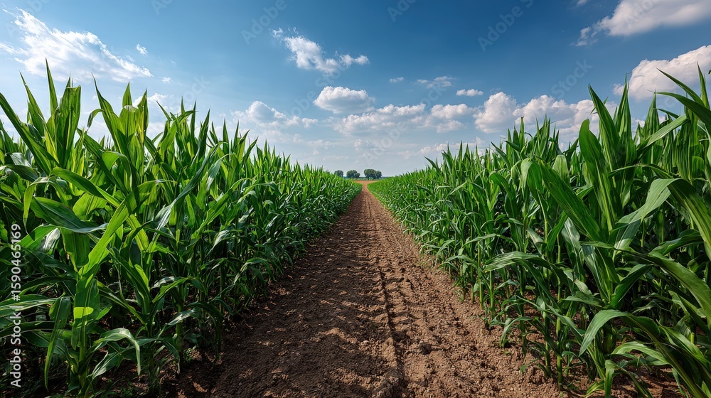 Fototapeta premium Cornfield with Dirt Path Under Blue Sky