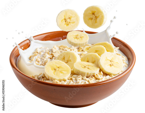 Angled Side View of Banana Slices Splashing into Oatmeal with Milk, Rustic Bowl, Isolated