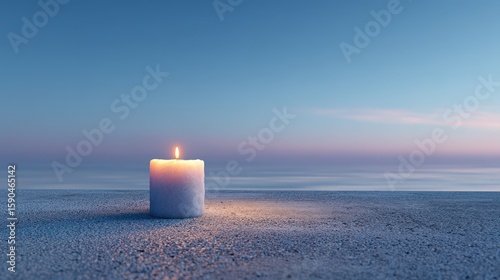 A single lit candle stands on a sandy beach at dusk, with calm sea and a pastel sky in the background.