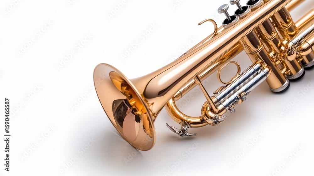 Obraz premium Shiny trumpet gleaming under bright light on a clean white backdrop