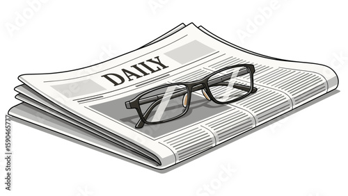 Illustration of daily newspaper with glasses perched on top, communication concept