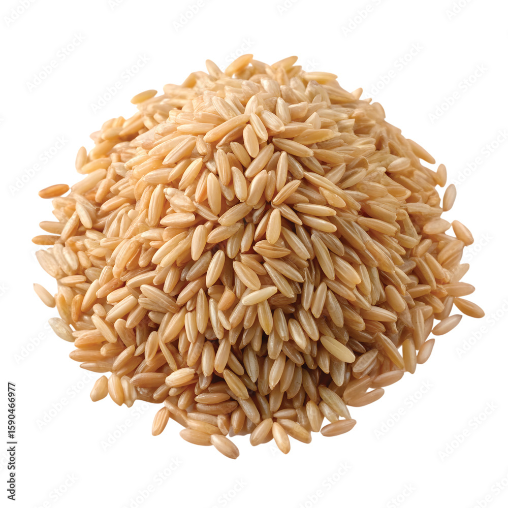 Obraz premium Raw Brown Rice Heap: A neatly piled heap of raw brown rice grains, ultra-detailed for PNG use