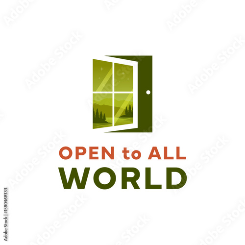 A welcoming logo for "Open to All World" featuring an open window revealing a peaceful natural landscape, symbolizing opportunity and connection. Editable Vector File