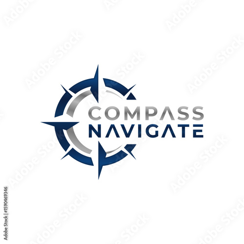 A strong logo for "Compass Navigate" featuring a modern, stylized compass rose in blue and gray, symbolizing guidance and direction. Editable Vector File