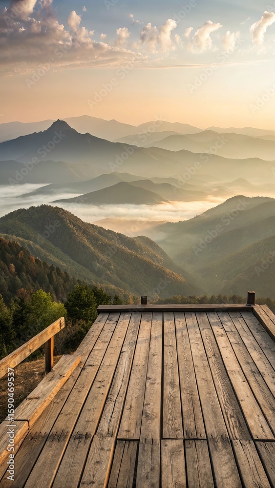 Fototapeta premium Wooden observation deck overlooking misty mountain layers at sunrise