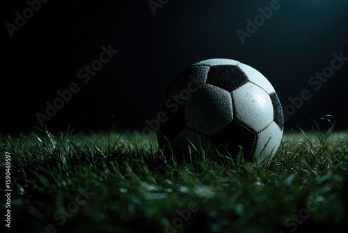 A slightly worn, classic black-and-white soccer ball rests on a dark, dewy grass field under a single, dramatic light source