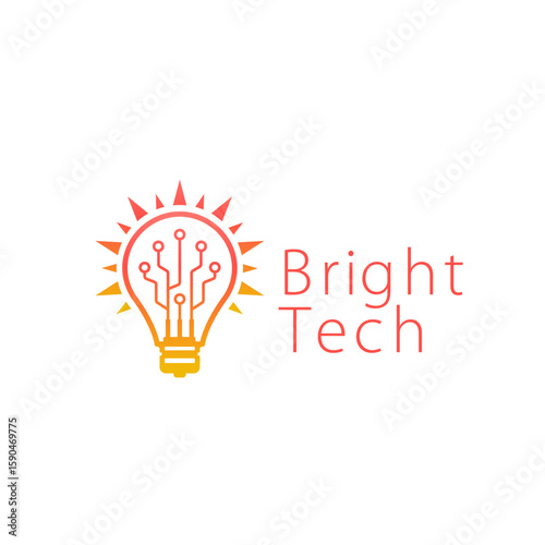 A vibrant logo for "Bright Tech" featuring a stylized light bulb with circuit board elements and radiating light, symbolizing innovation and ideas in technology. Editable Vector File