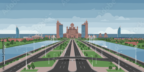 The illustration shows a busy urban highway filled with buses and cars, with a view of a modern city skyline in the background.