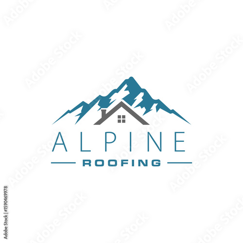 A strong logo for "Alpine Roofing" featuring a stylized mountain range with a house roof integrated into the peaks, symbolizing durable roofing solutions. Editable Vector File
