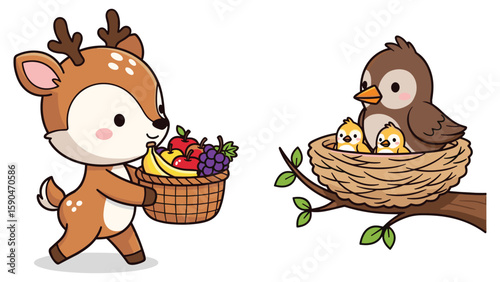 Cute Cartoon Deer Delivering Fresh Fruit Basket to Bird Family in Nest Vector Illustration