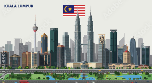 The illustration shows a busy urban highway filled with buses and cars, with a view of a modern city skyline in the background.