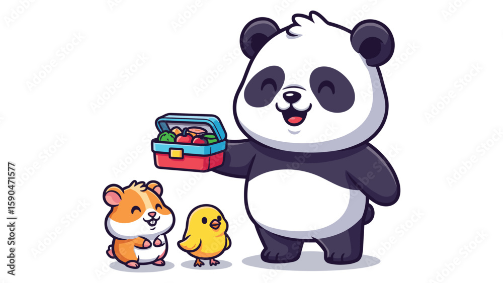 Naklejka premium Cute Cartoon Animals with Lunchbox: Panda, Hamster, Chick Characters Isolated Illustration