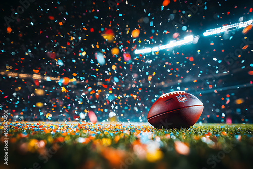 An American football on the green field of a stadium under bright lights, with colorful confetti falling down, marking a Super Bowl celebration