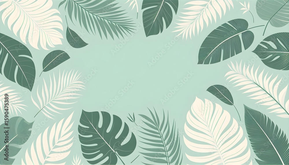 Fototapeta premium Tropical leaf pattern illustration on light green backdrop, clean and minimal wallpaper concept