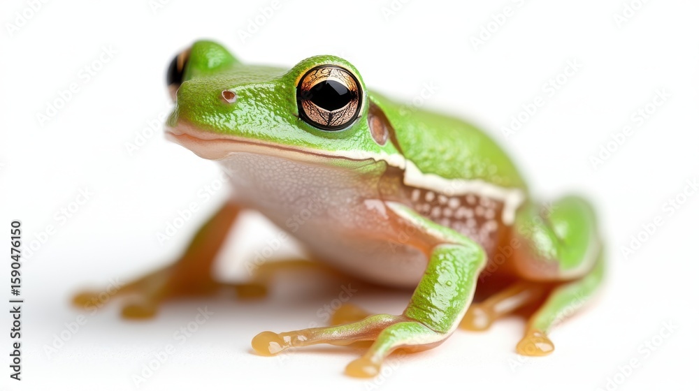 Fototapeta premium Green tree frog perched majestically on a pristine white background
