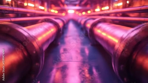 Industrial pipes glow with pink and orange light