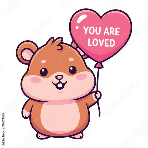 Cute Cartoon Hamster Holding Heart Balloon with Loving Message Illustration