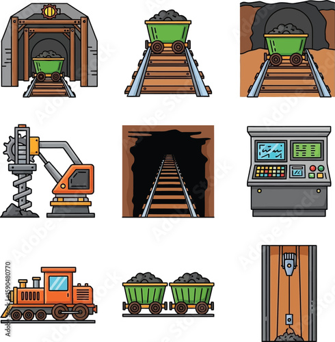 Cartoon illustrations of various mining elements, including tunnels, carts, and machinery.