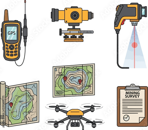 Illustration showcasing various surveying and mining equipment, maps, and a drone, all depicted.