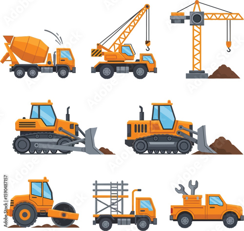 Various construction vehicles and equipment depicted in a flat, illustrative style, ready for building projects.