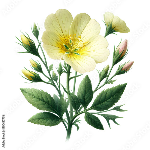 Vibrant Wildflower Illustration: An exquisite close-up of a wildflower showcases delicate petals and a radiant blossom, ideal for botanic themes, elegant design projects and nature's serene beauty.