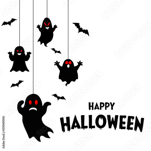 Halloween party background with scary flying ghosts, bats, hanging above isolated on png or transparent texture, template for poster, flyer, promotion, sales marketing vector illustrationHalloween par