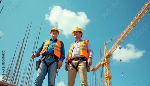 Experienced construction workers in safety helmets and vests proudly oversee a large building site with a towering crane under blue sky.