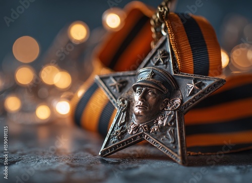 A star-shaped medal with the portrait of a soldier, with glowing lights on a blurred background. There is also an orange and black ribbon in front of it, which represents military glory or victory dur