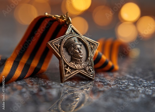A star-shaped medal with the portrait of a soldier, with glowing lights on a blurred background. There is also an orange and black ribbon in front of it, which represents military glory or victory dur