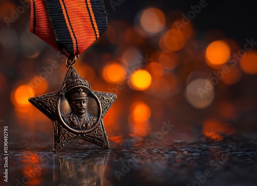 A star-shaped medal with the portrait of a soldier, with glowing lights on a blurred background. There is also an orange and black ribbon in front of it, which represents military glory or victory dur