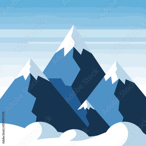 Cartoon illustration of snow-capped mountains against a light blue sky.