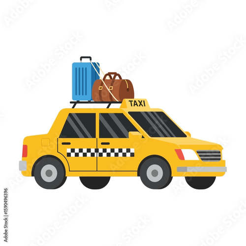 A yellow taxi with luggage on top ready for travel transportation.