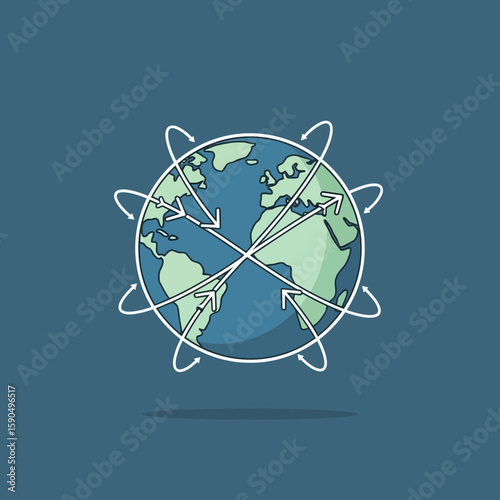 Illustration of planet earth with connecting lines and orbiting shapes on blue background.