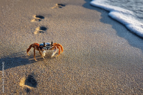 A crab walking on a sandy beach near the ocean with footprints in the sand and waves in the background