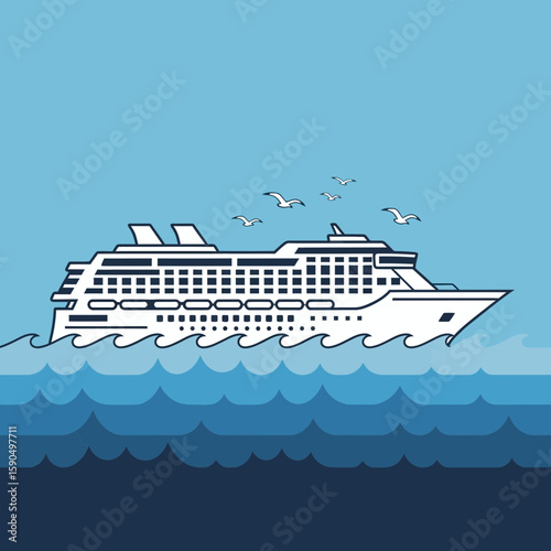 A white cruise ship sails on blue ocean water under a blue sky.