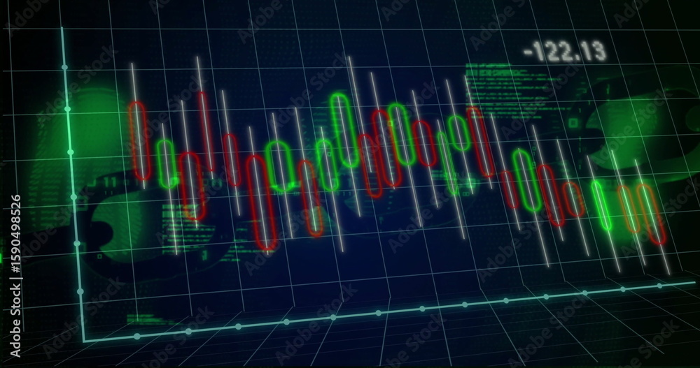 Fototapeta premium Displaying candlestick chart shifting on 3D grid, with red and green bars, numeric label -122