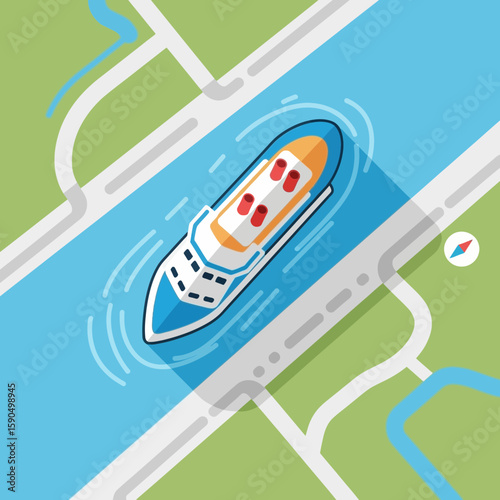 A stylized illustration shows a cruise ship sailing on a river with a map background.
