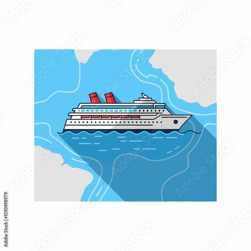 A cruise ship sails on blue water with a stylized landmass background.