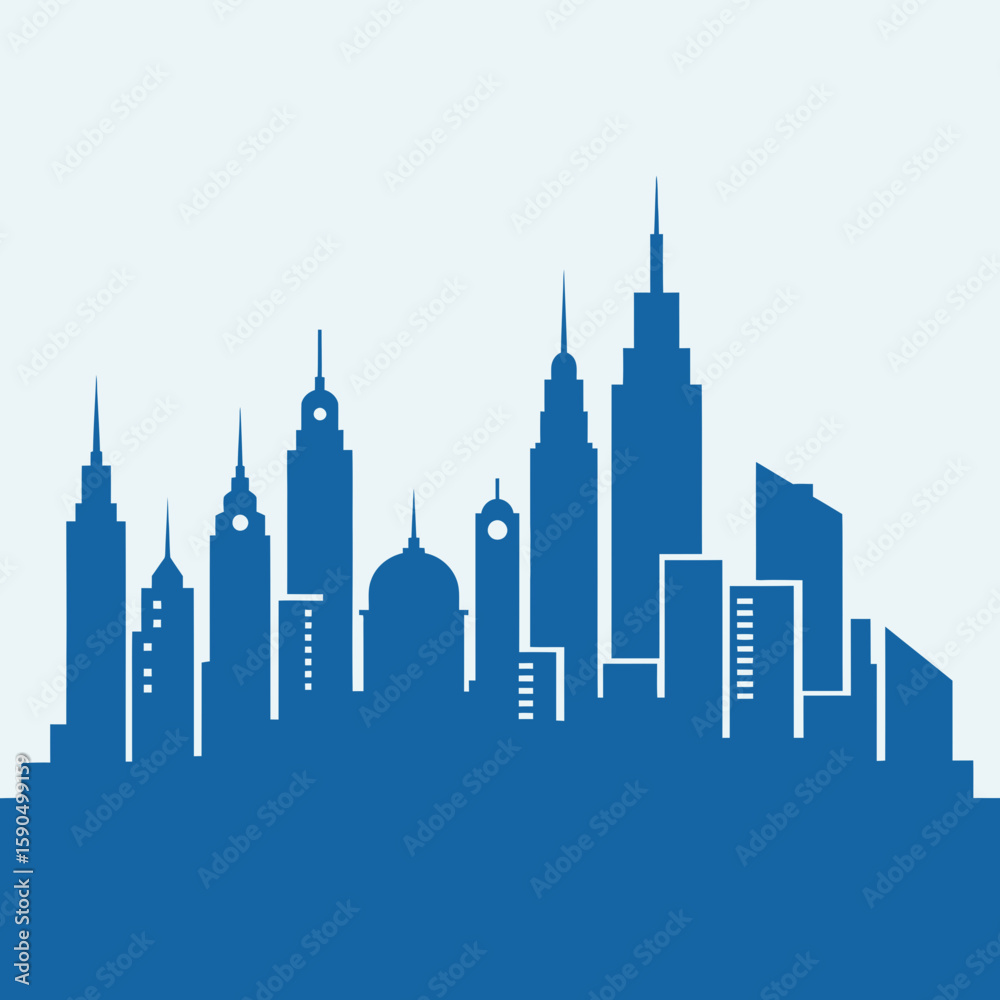 Obraz premium Silhouette of a city skyline with various tall buildings against a light background.