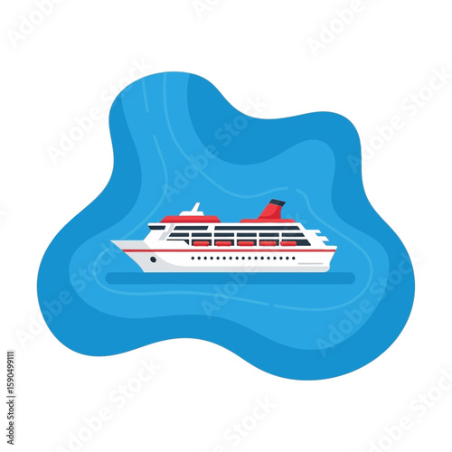 A cruise ship illustration floating on a stylized blue water background.