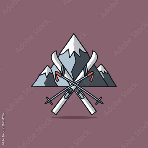 Mountain logo with skis and poles on a solid background.
